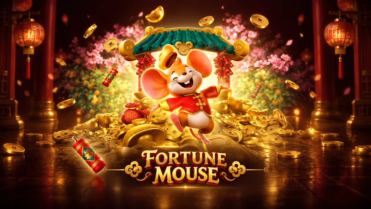 Portada de Fortune Mouse de PG SOFT con el ratón de la fortuna y detalles dorados.